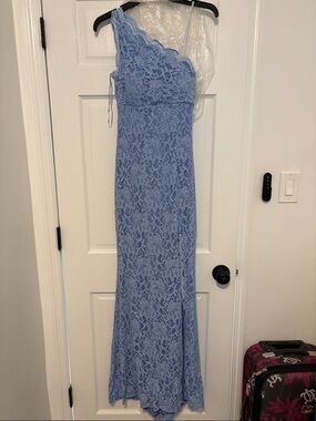 One-Shoulder Light Blue Lace Gown